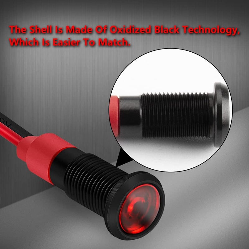 DAIERTEK 1/4" 12 Volt LED Indicator Light 6mm 12V Red Pilot Lamp IP67 Waterproof Aluminum Metal Material Marine Black Bezel with Wire Leads-10pcs - Image 4